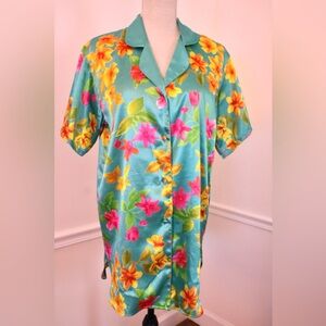 VTG Victoria’s Secret 1990'sTeal Hawaiian Satin Pajama Top Gown Size P (XS)